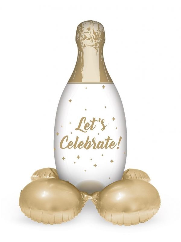 Grote champagne fles folieballon met standaard