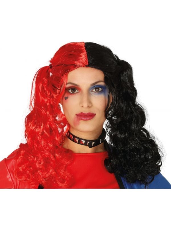 Harley Quinn zwart rood pruik