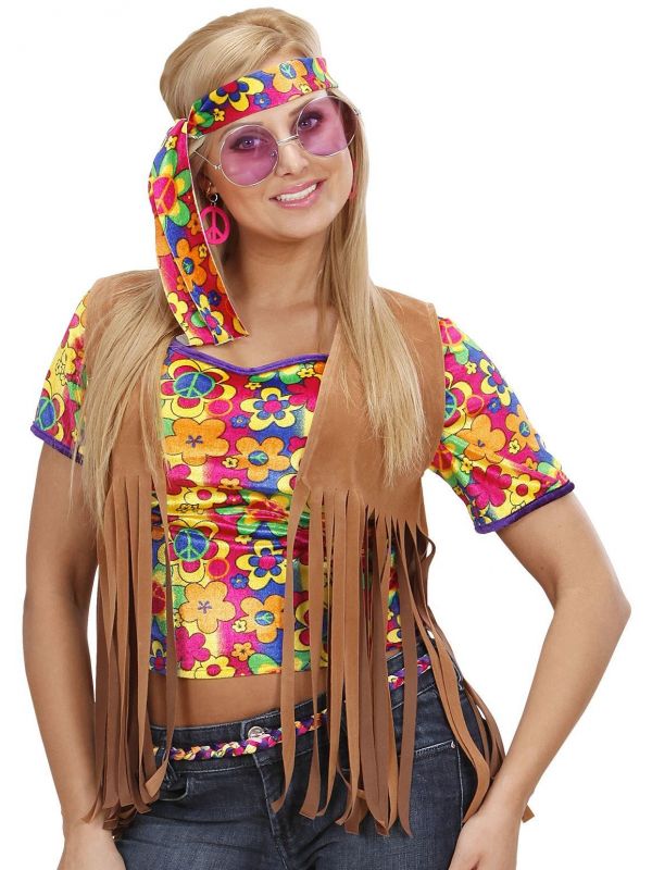 Hippie dames suède vest met bloemetjes hoofdband