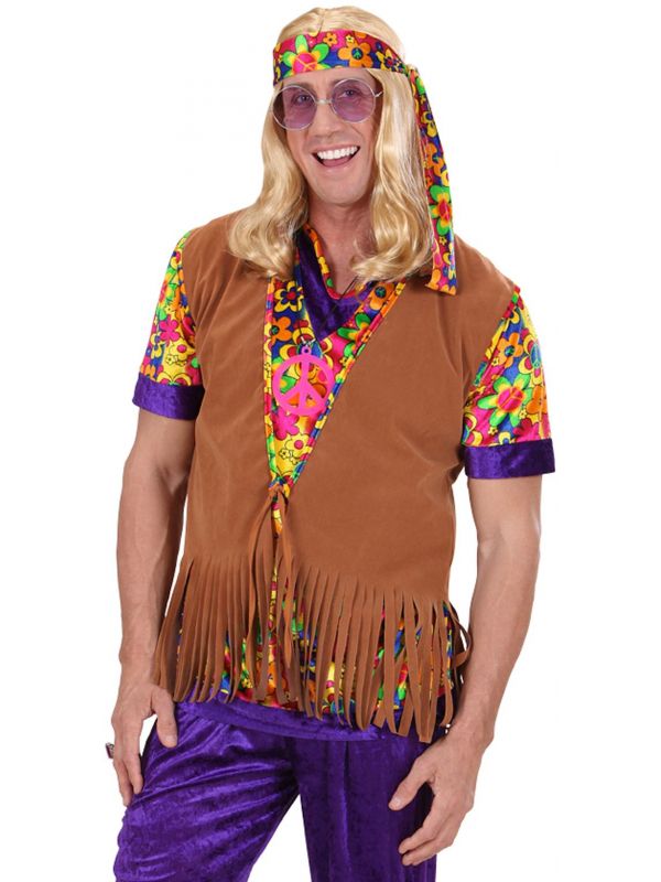 Hippie heren suède vest met bloemetjes hoofdband