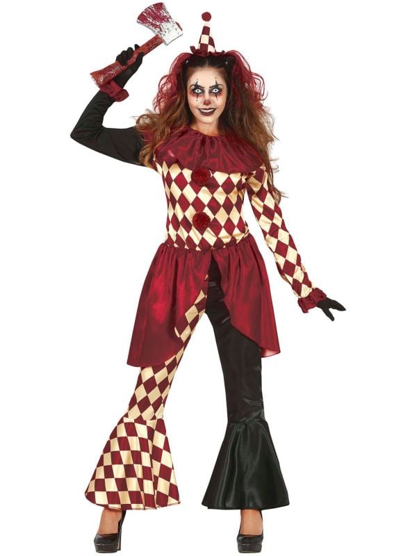 Horror killer clown kostuum vrouw