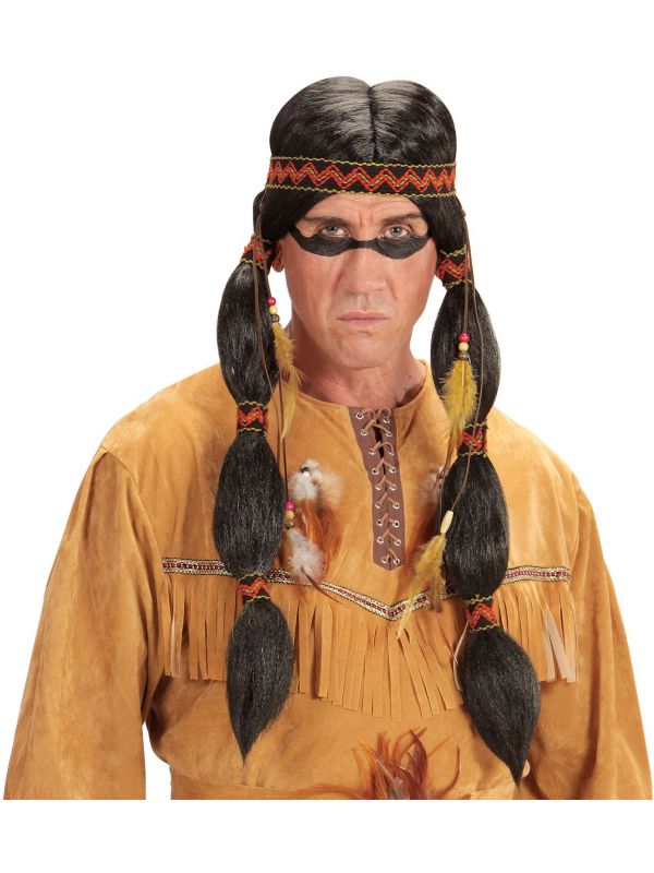 Indianen pruik met staartjes en hoofdband