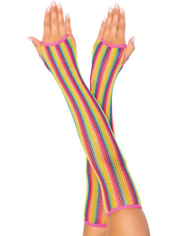Lange regenboogkleurige visnet handschoenen