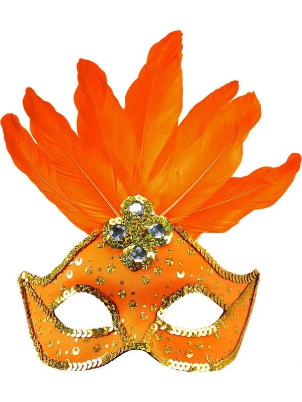 Neon oranje braziliaans oogmasker met veren en parels