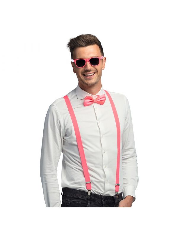 Neon roze accessoiresset Bril Strik Bretels
