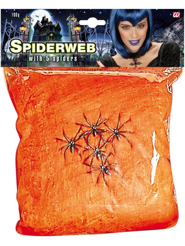 Oranje spinnenweb met 5 spinnen