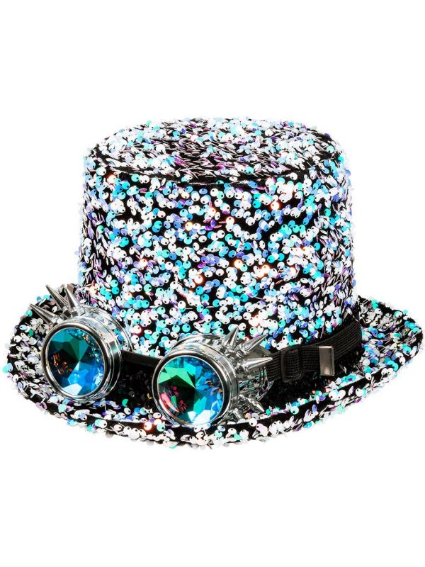 Pailletten steampunk hoed met bril zilver