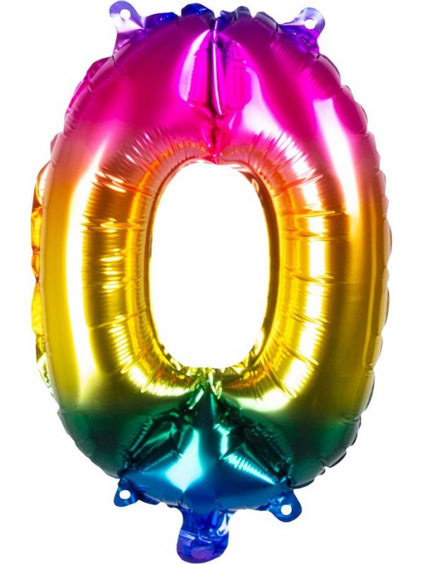 Regenboogkleurige folieballon cijfer 0