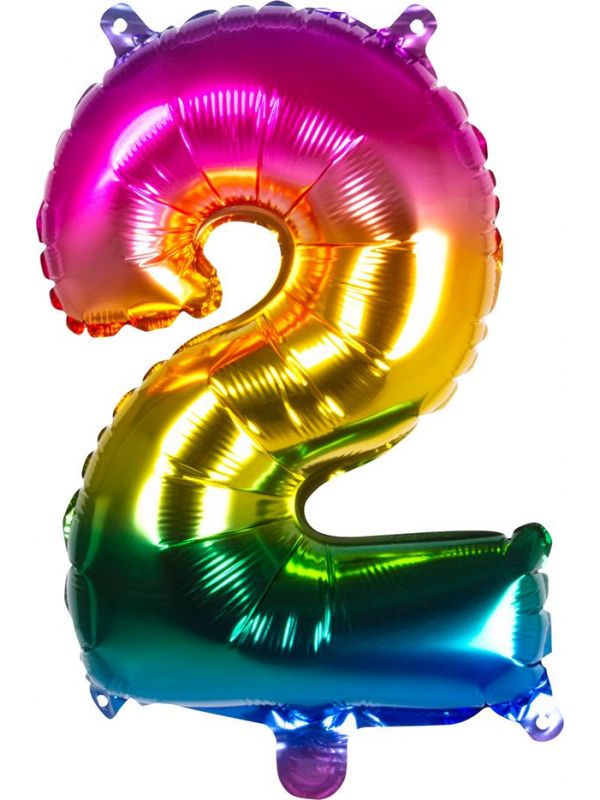 Regenboogkleurige folieballon cijfer 2