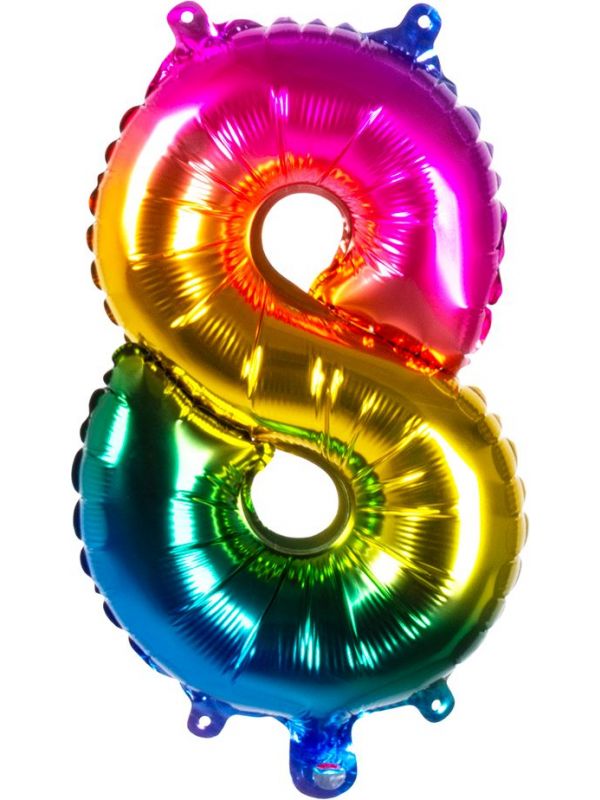 Regenboogkleurige folieballon cijfer 8