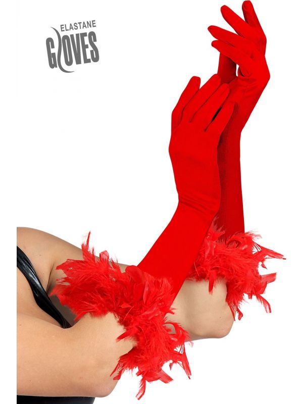 Rode gala handschoenen met veren