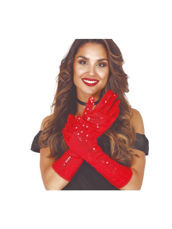 Rode lange pailletten handschoenen