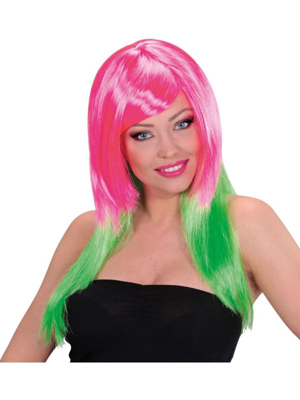 Roze-groene pruik lang haar