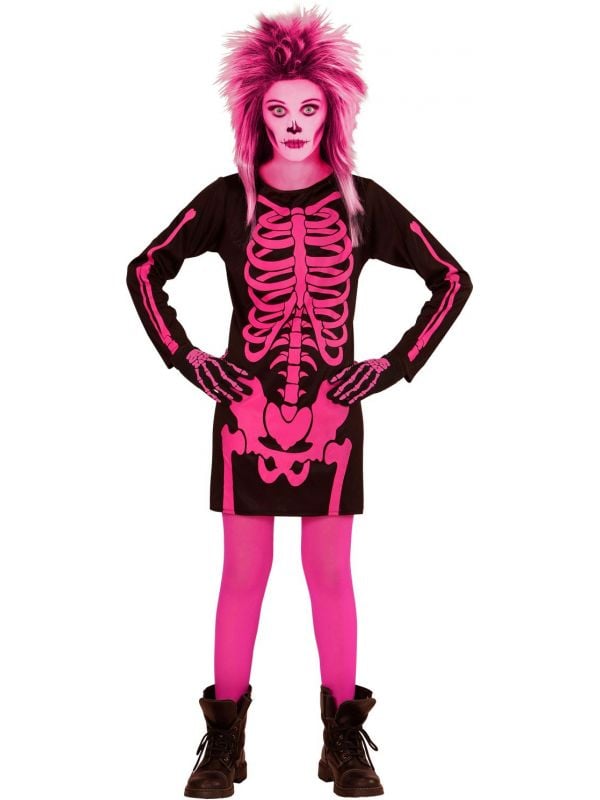 Roze skelet kind kostuum