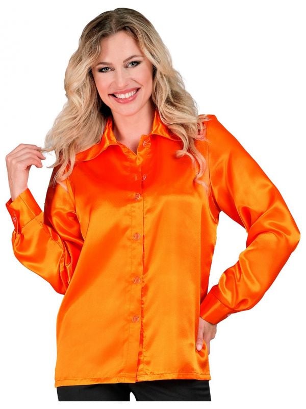 Satijnen 70s disco shirt oranje dames