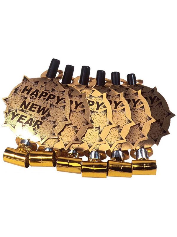 Set van 6 gouden Happy New Year fluitjes