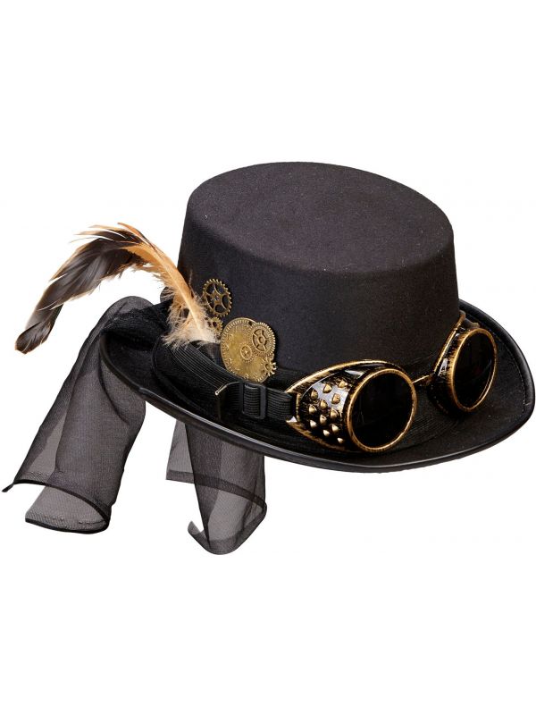 Steampunk hoed met bril en klokwerk