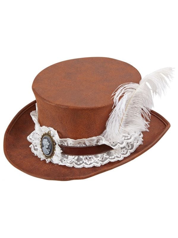 Steampunk hoed met kant bruin