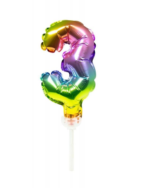 Taart topper cijfer 3 rainbow folieballon