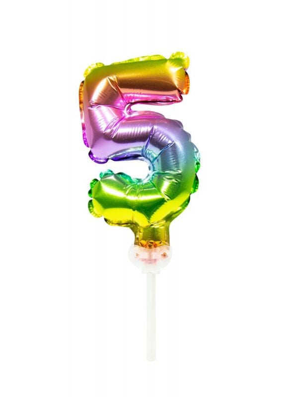 Taart topper cijfer 5 rainbow folieballon