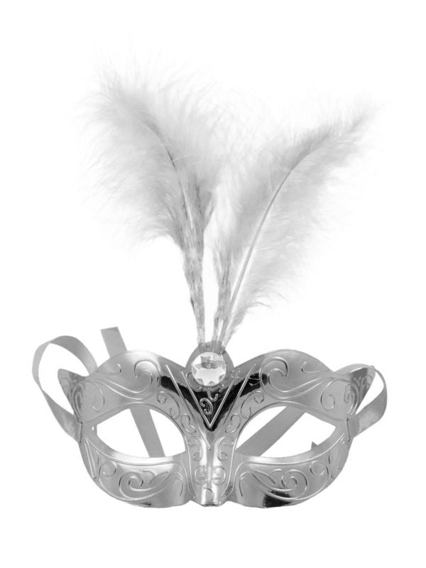 Venetiaans oogmasker metallic zilver met veer