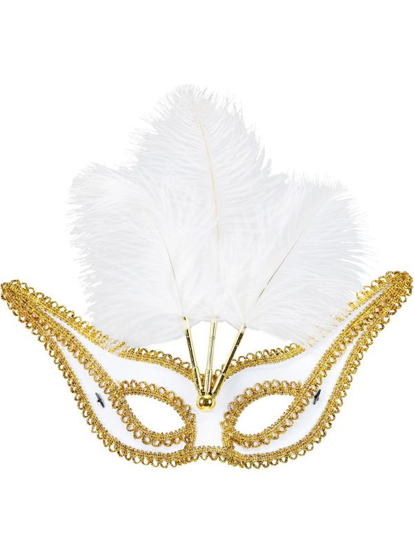Wit oogmasker met gouden rand en veren