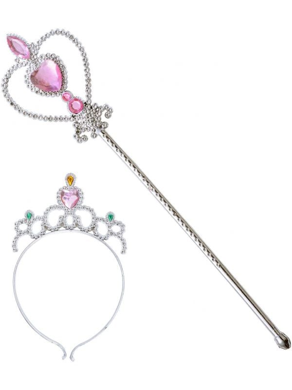 Zilveren tiara en staf met roze juwelen