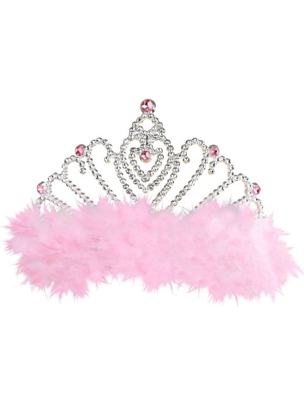 Zilveren tiara met roze marabou