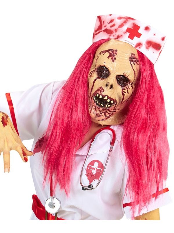 Zombie verpleegster masker met pruik