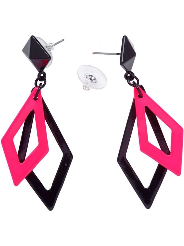 Zwart en neon roze ruit oorbellen