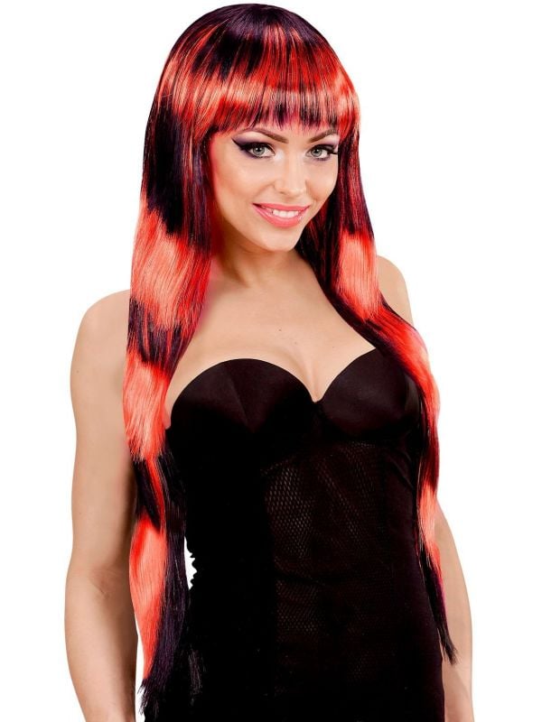 Zwart-rood gestreepte pruik lang haar