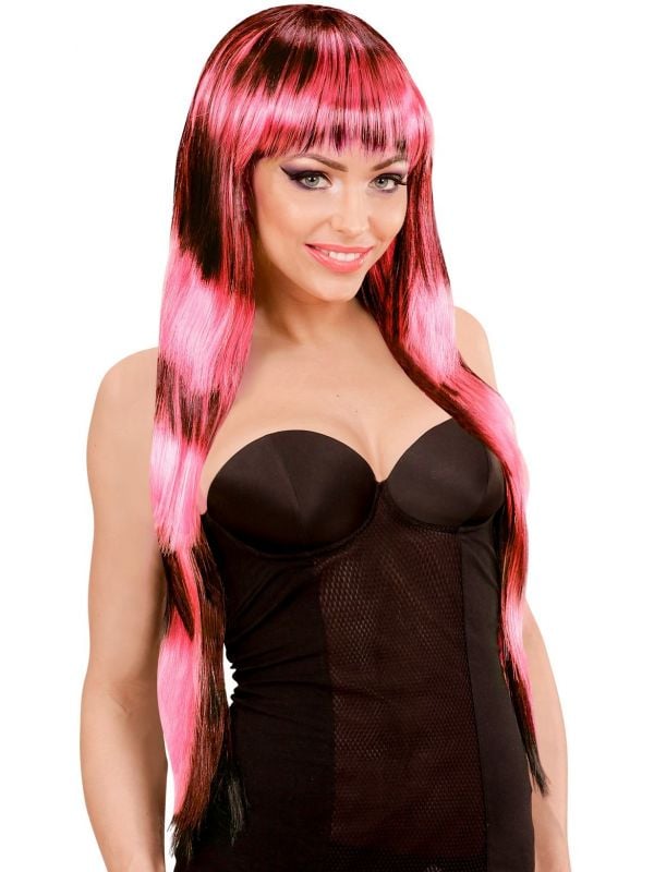 Zwart-roze gestreepte pruik lang haar