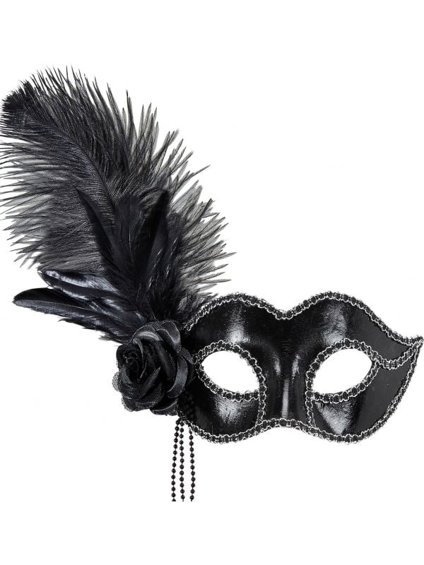 Zwart venetiaans oogmasker met veren en roos