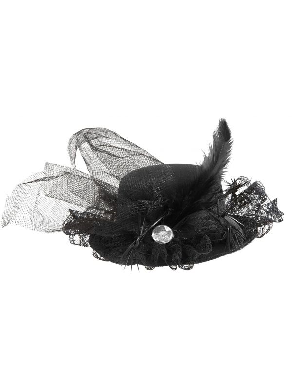 Zwarte burlesque mini hoge hoed met juweel