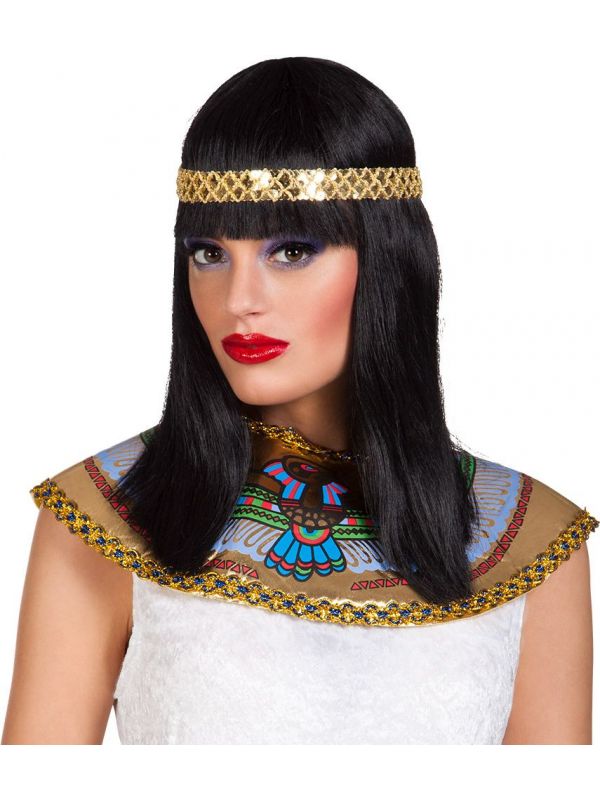 Zwarte Cleopatra pruik met gouden hoofdband