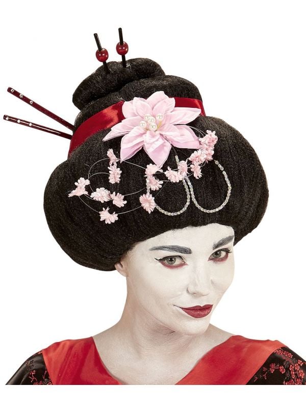 Zwarte Geisha pruik met bloem
