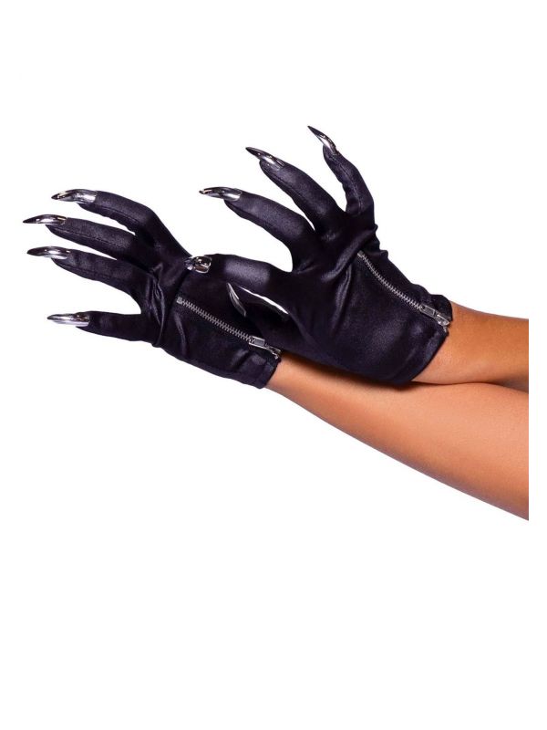 Zwarte heks handschoenen met rits en nagels