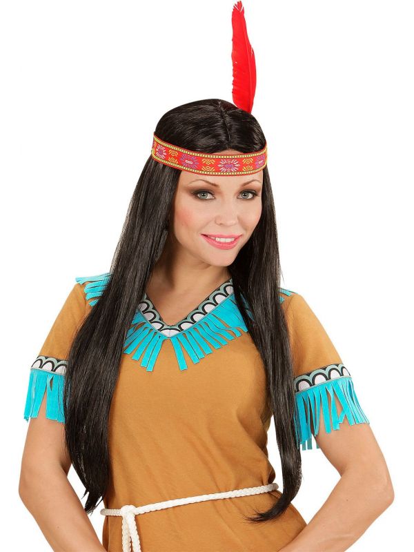 Zwarte indianen pruik met hoofdband en veer