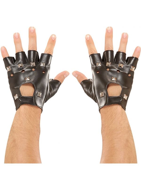 Zwarte lederlook biker handschoenen