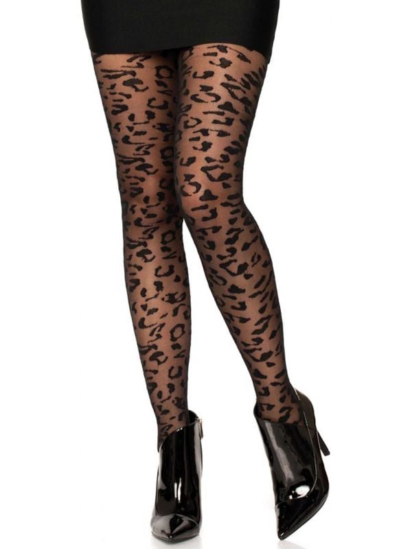 Zwarte luipaardprint panty dames
