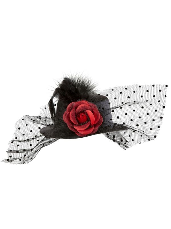 Zwarte mini hoge hoed met rode roos en veren