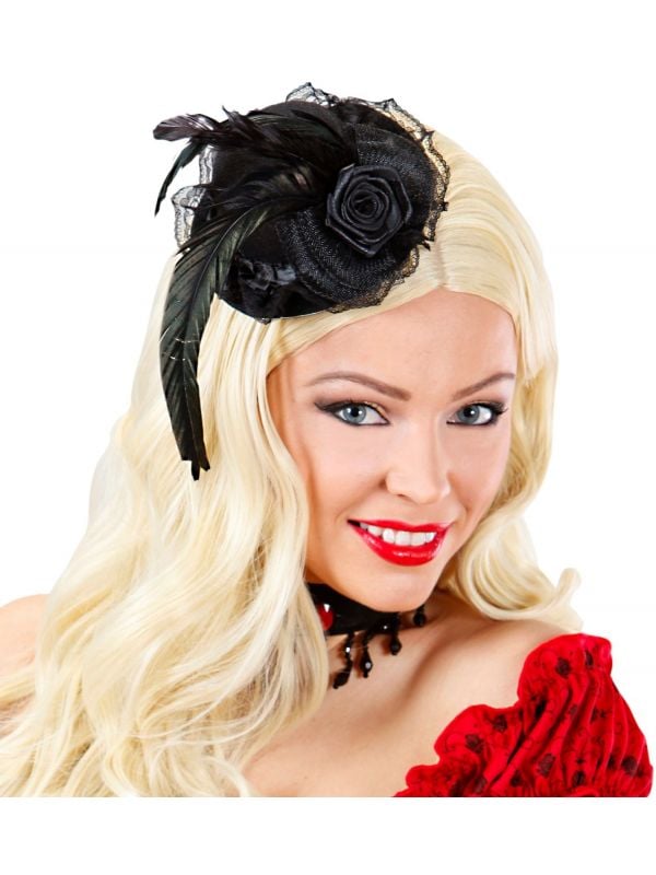 Sluit een verzekering af speling pot Zwarte mini hoge hoed met zwarte roos en veren | Carnavalskleding.nl