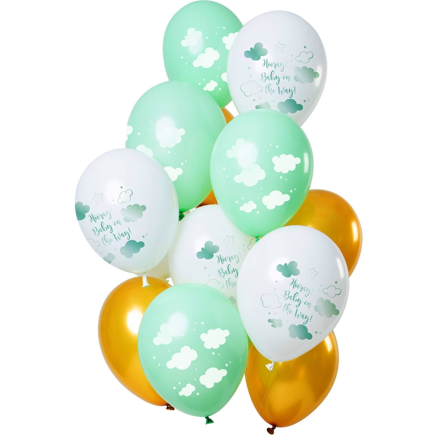 12 ballonnen baby on the way groen goud 30cm