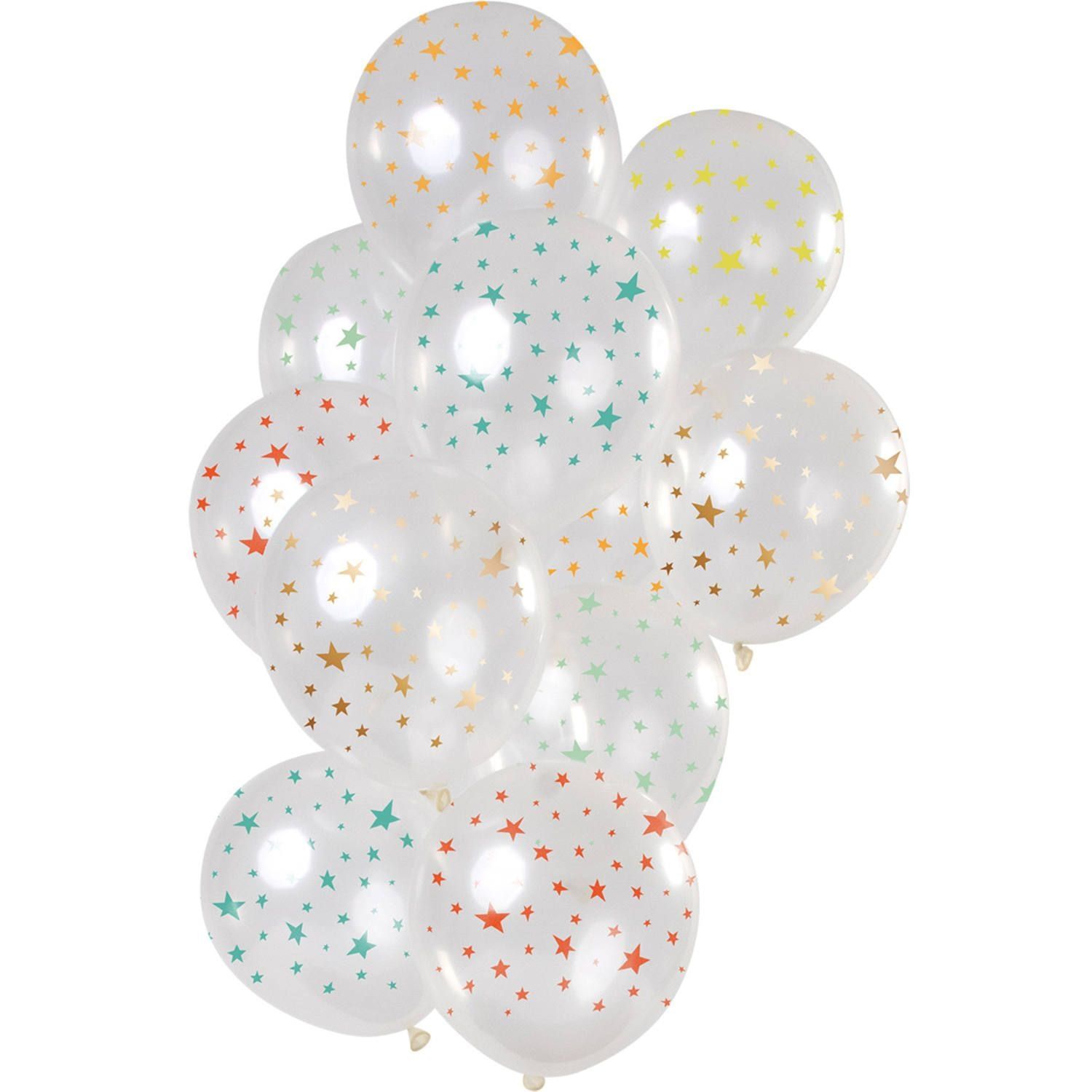 12 ballonnen sterren meerkleurig transparant 30cm