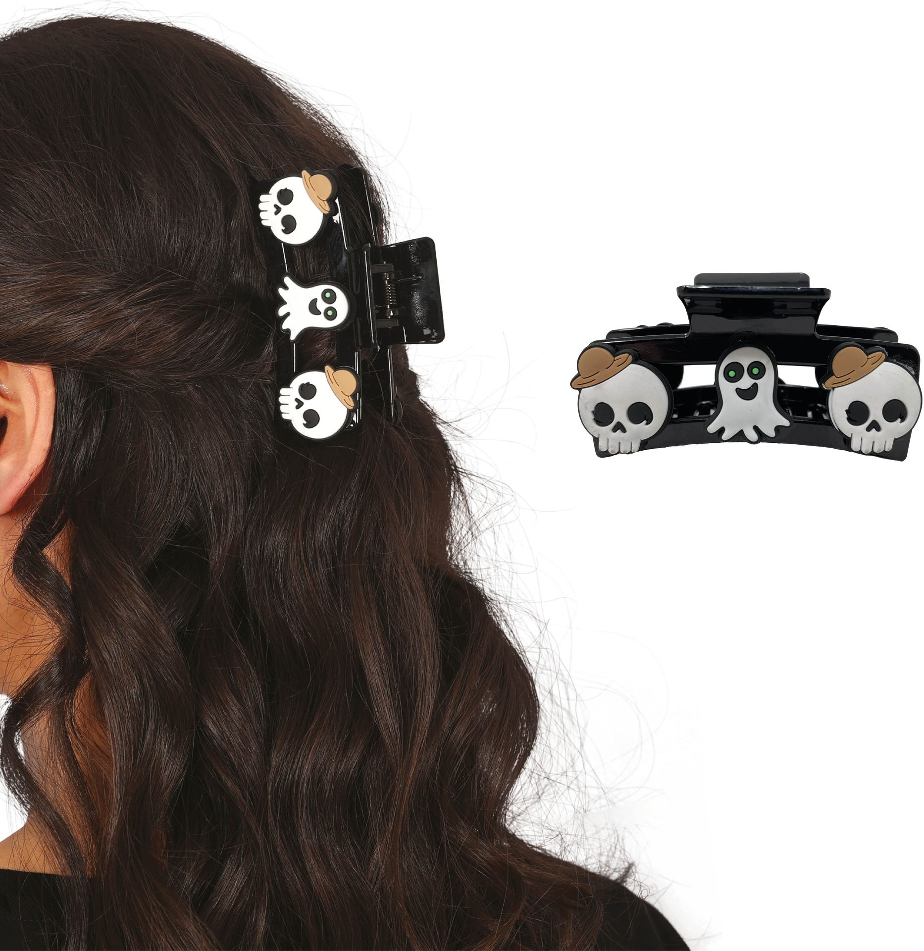 2 Zwarte Haarclips met Schedel en Spook Halloween