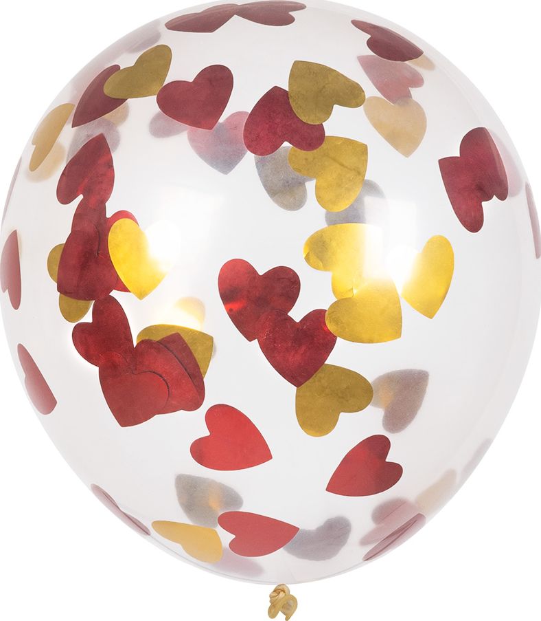 5 Confettiballonnen met Hartjes In Rood en Goud