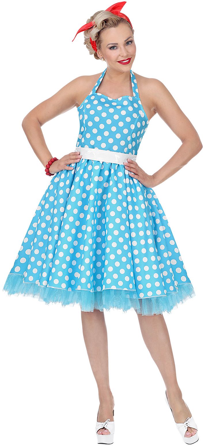 50s witte bolletjes jurk blauw