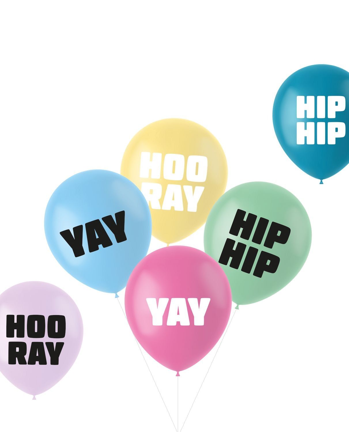 6 Ballonnen Pastel 'Hip Hip Hooray' Meerkleurig 33cm