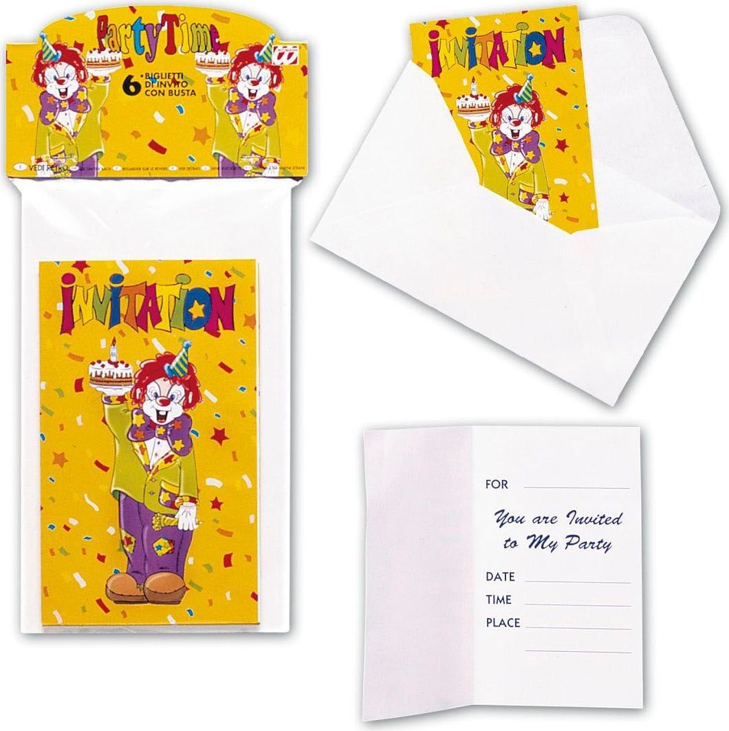 6 Clowns uitnodigingskaarten met envelop