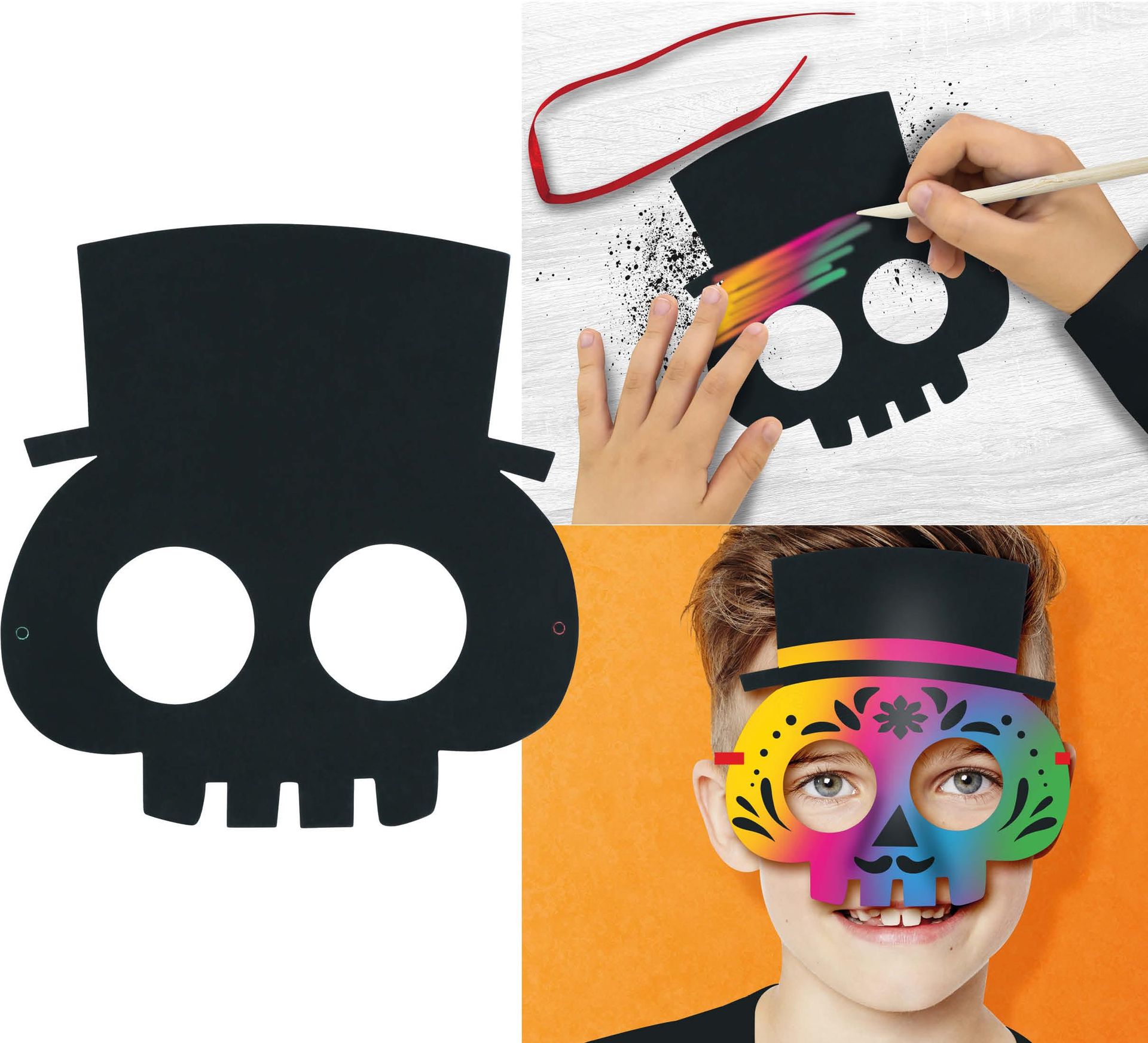 6 Zwarte Kleurmaskers Skelet Halloween 20cm